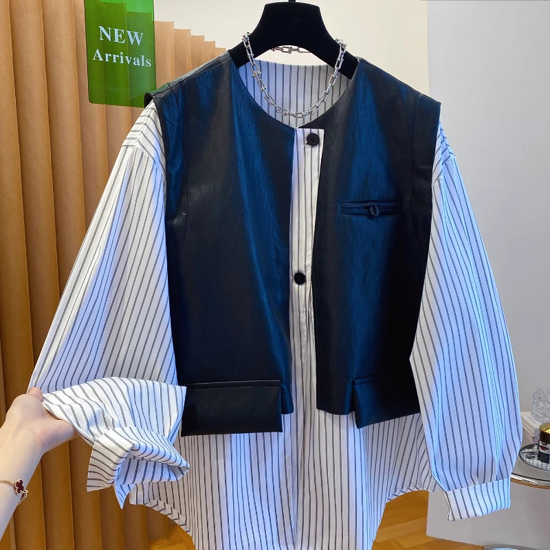 设计感拼接大码假两件条纹衬衫女长袖春秋季新款宽松别致上衣显瘦