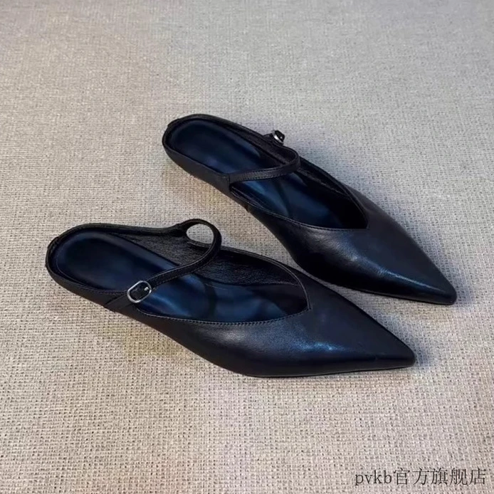 爆款版~新款尖头厚底包头半拖鞋法式复古一字扣带时尚浅口穆勒鞋