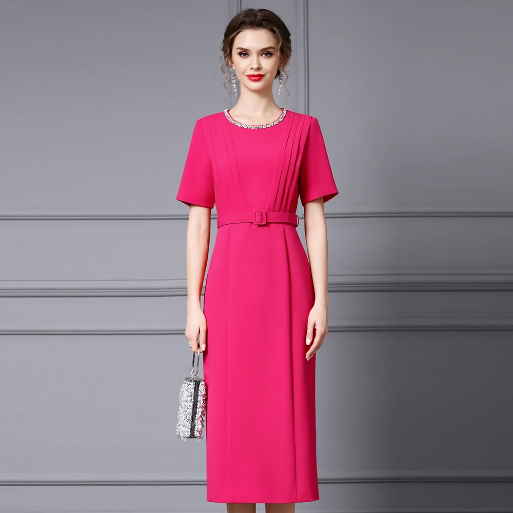 枝荔重要场合绝美连衣裙女2025年新款夏装玫红色钉钻长款宴会裙子