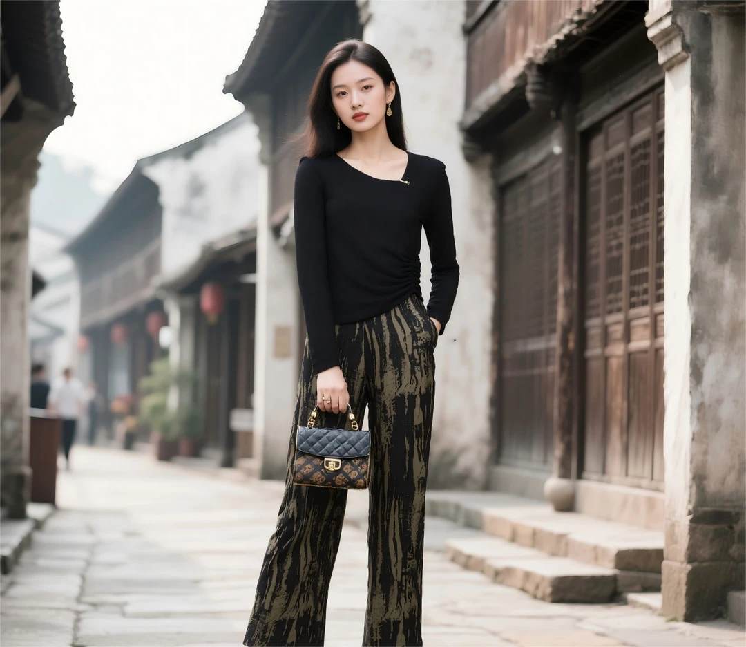 W623休闲风时尚套装气质休闲黑色巴恩风学院风侘寂风