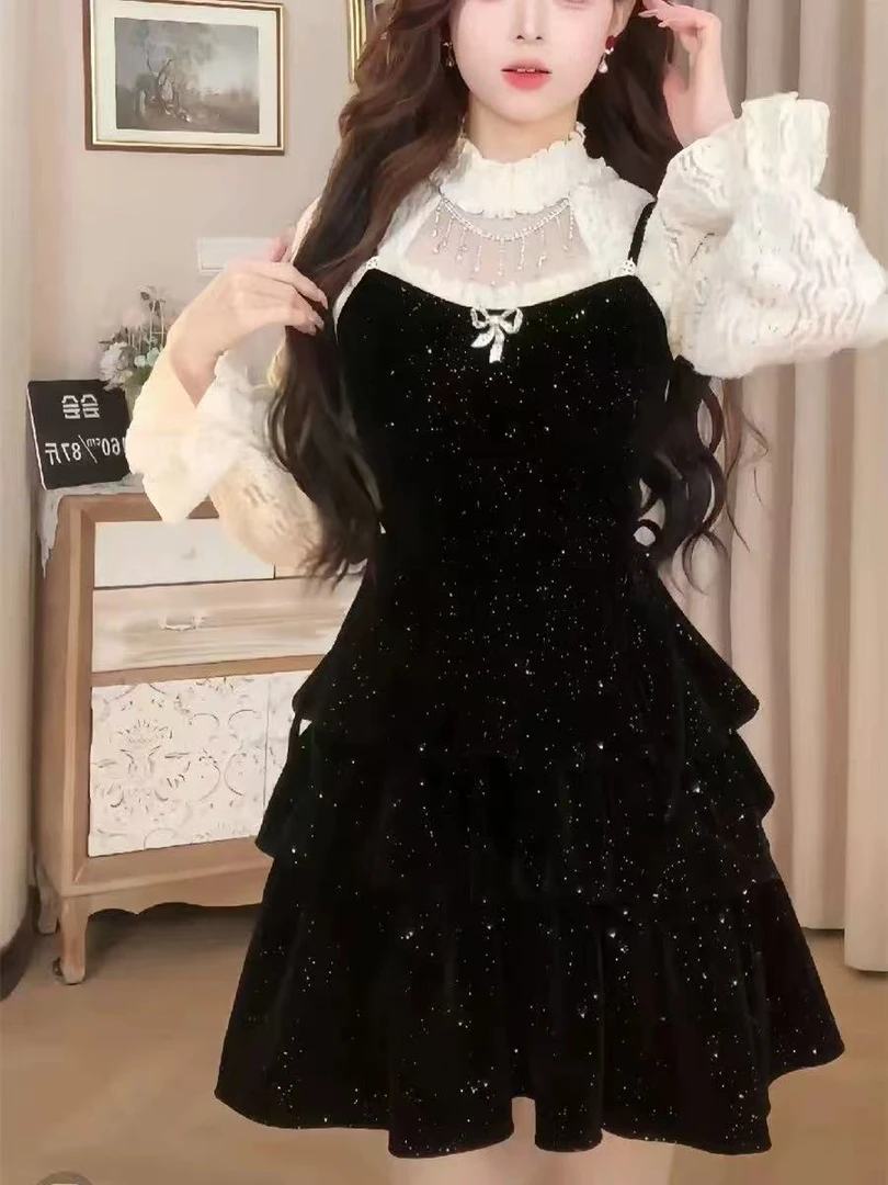 2025年秋冬季新款亮晶晶收腰吊带裙+花苞袖打底衫两件套1330