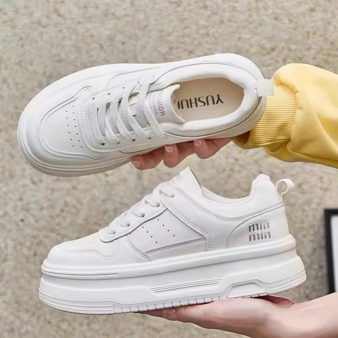 春季真皮百搭女士运动鞋休闲鞋板鞋系带厚底增高时尚休闲鞋纯色