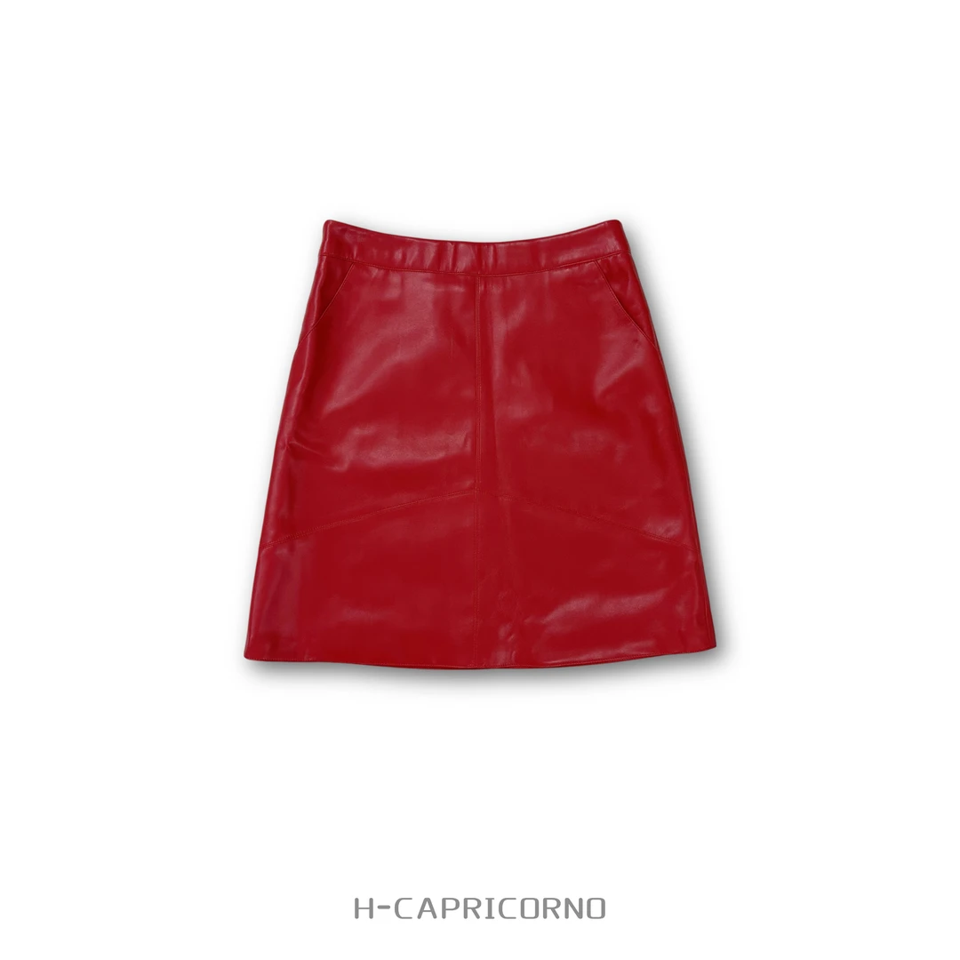 H-CAPRICORNO绵羊皮真皮皮裙A字裙高腰包臀膝盖上短裙半身裙