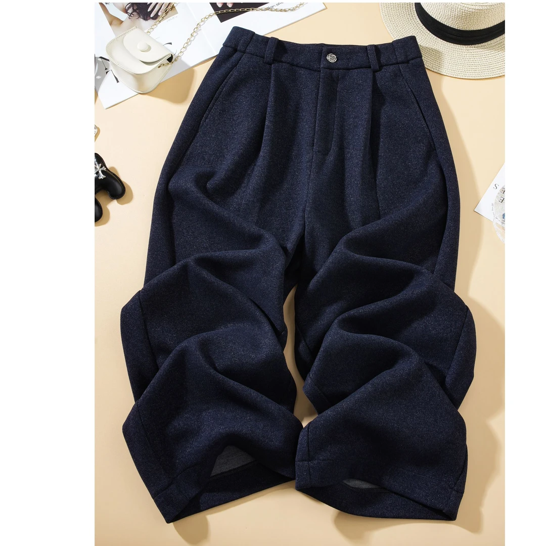 藏青色羊毛呢弯刀裤女2026秋冬季新款糯米裤休闲遮跨直筒镰刀裤子
