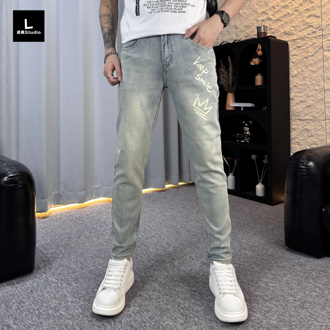 夏季薄款牛仔裤修身百搭潮流印花小直筒时尚韩版牛仔裤长裤男款