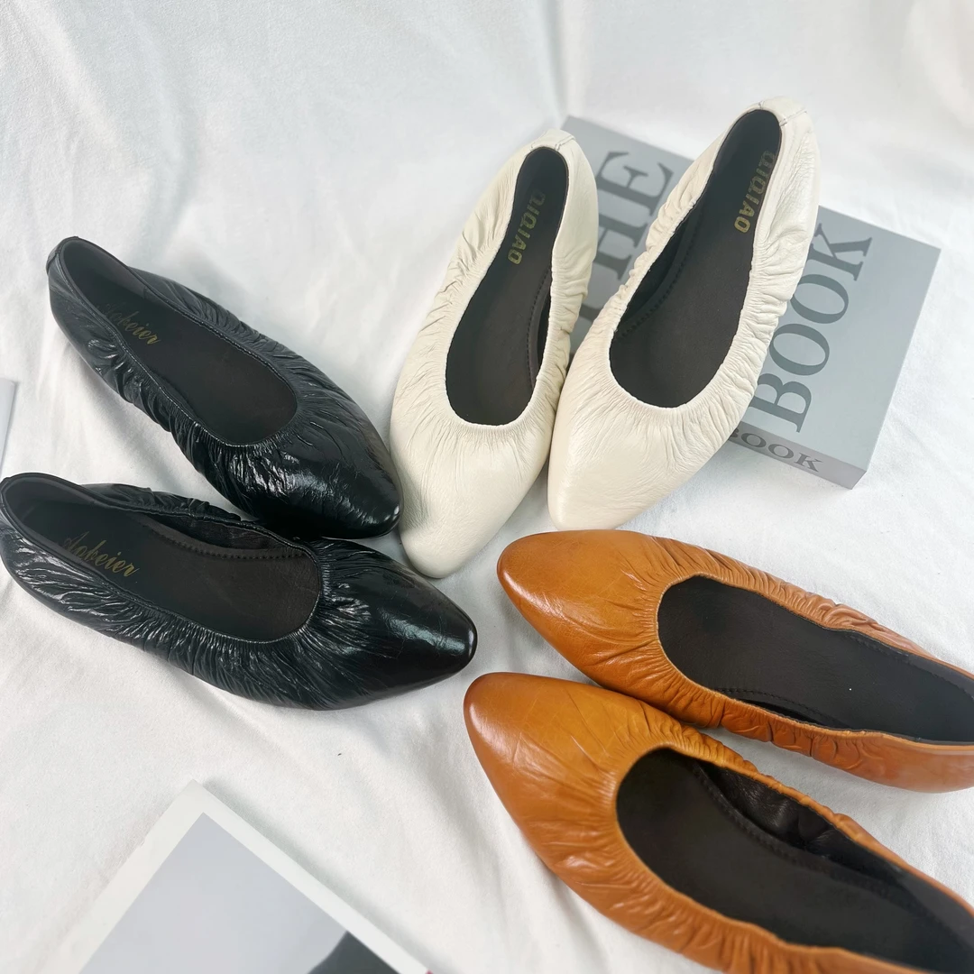 复古港风女士褶皱方头平底浅口芭蕾舞奶奶鞋2336