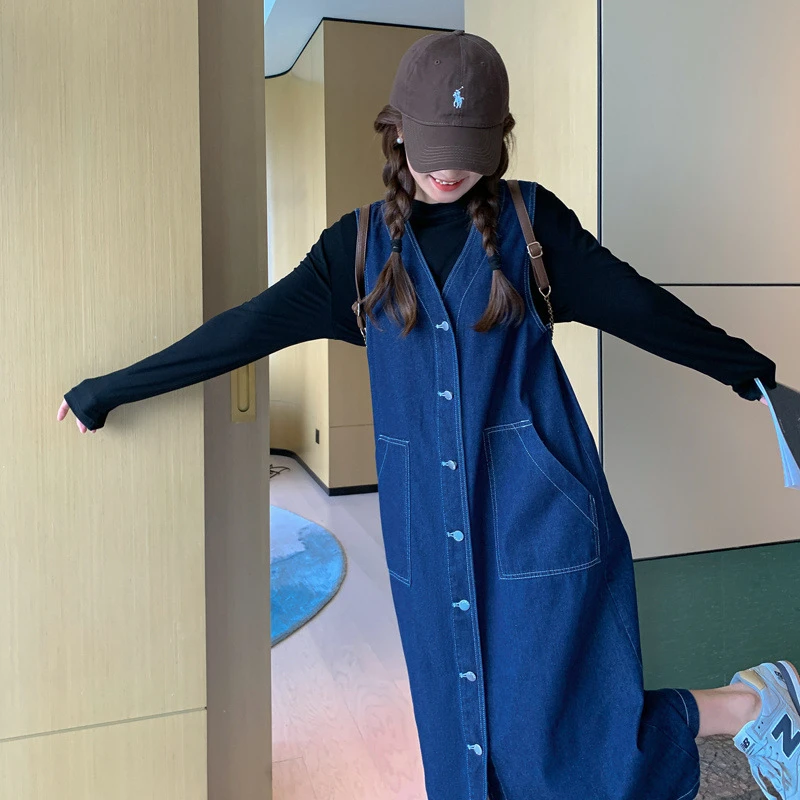 奶连衣裙森系小众设计裙子遮肚子巨显瘦休闲牛仔背心裙两件套