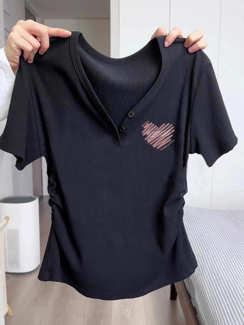 短袖V领2025新款夏季印花棉半袖修身纯欲减龄紧身显瘦上衣t恤女