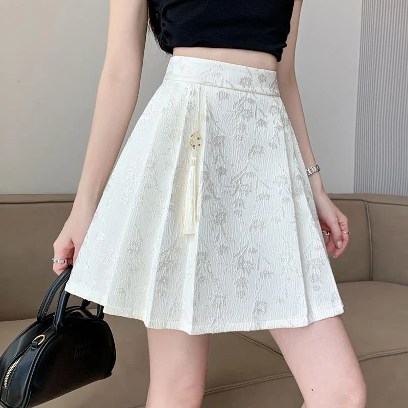 新中式提花百褶马面裙女春夏季小个子国风流苏高腰a字短裙半身裙