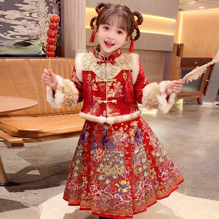 女童汉服套装春秋儿童满族国风唐装小女孩2025新 款旗袍套装