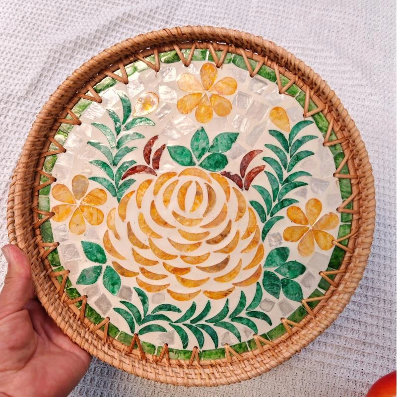 H越南真藤手工编织30*3圆形贝壳盘客厅桌面水果零食收纳盘子