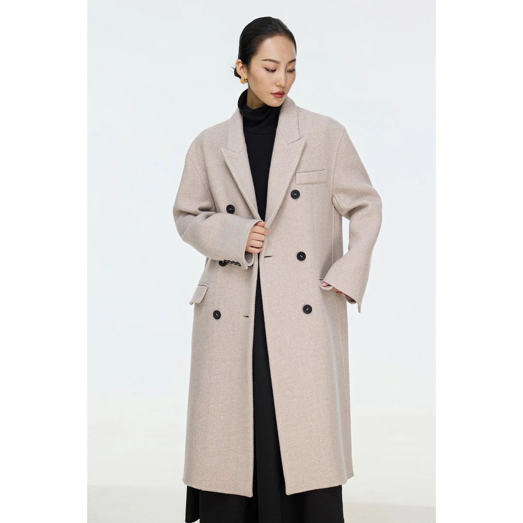 【CRANE】人字纹理经典西装戗驳领显瘦廓形长款双排扣加厚羊绒大衣