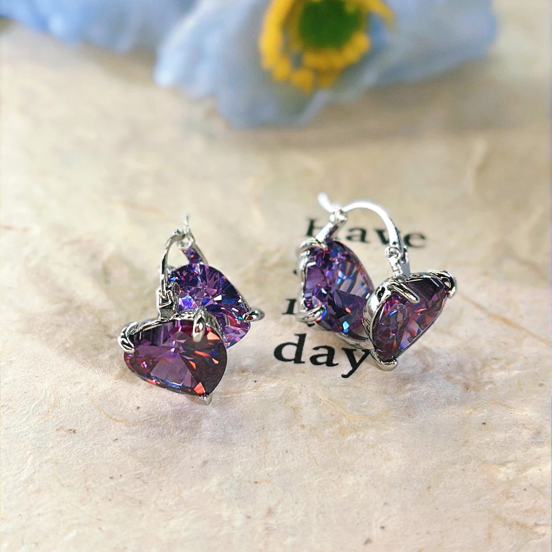 铜合金合成锆石耳饰 紫色甜美爱心耳环耳扣轻奢百搭精致耳饰-8262