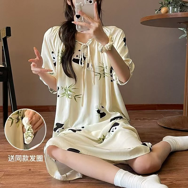 2025新款爆款网红棉绸女睡裙休闲高级洋气五分袖大码可外穿连衣裙