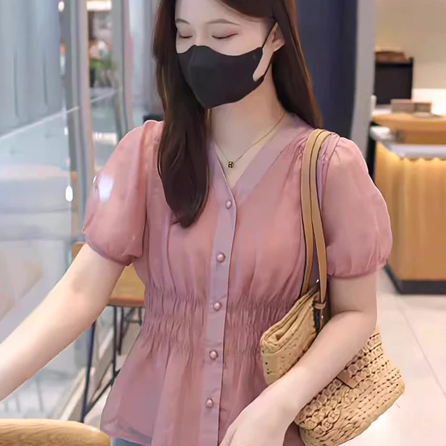 法式收腰雪纺短袖衬衫女夏季2025年新款爆款粉色衬衣减龄洋气上衣