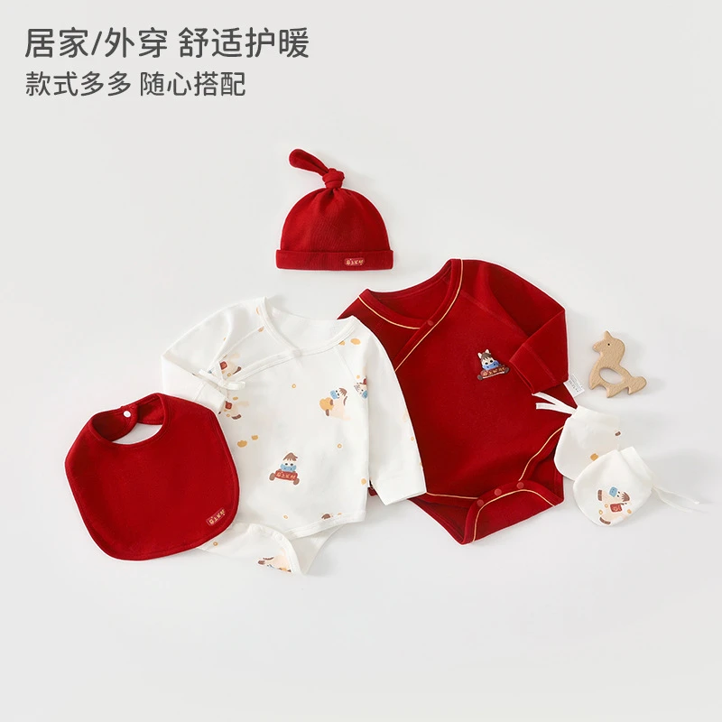 婴儿包屁衣a类纯棉新生儿马年喜庆三角哈衣包屁衣春秋打底连体衣