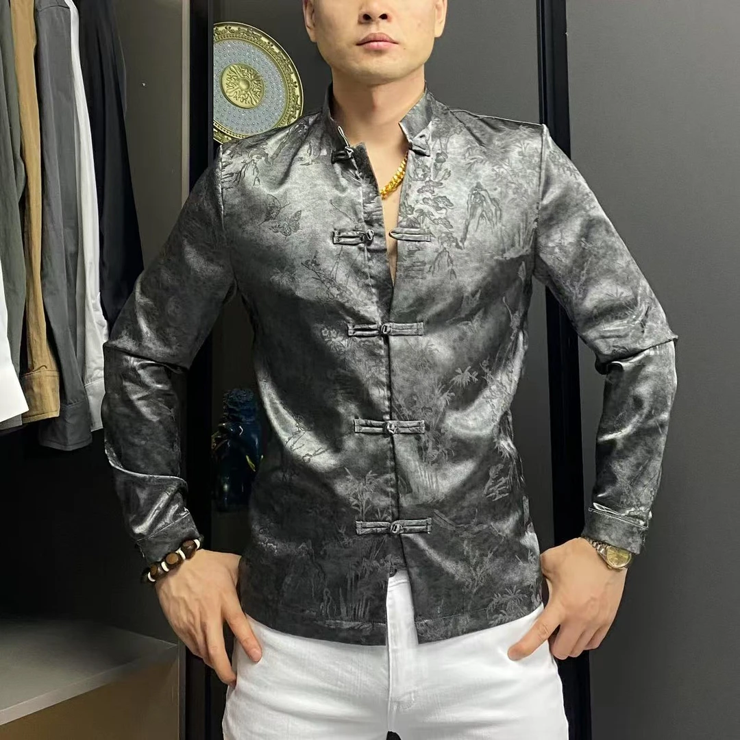 2025秋季新款男士国风立领盘扣提花刺绣修身唐装版衬衫衬衣长袖