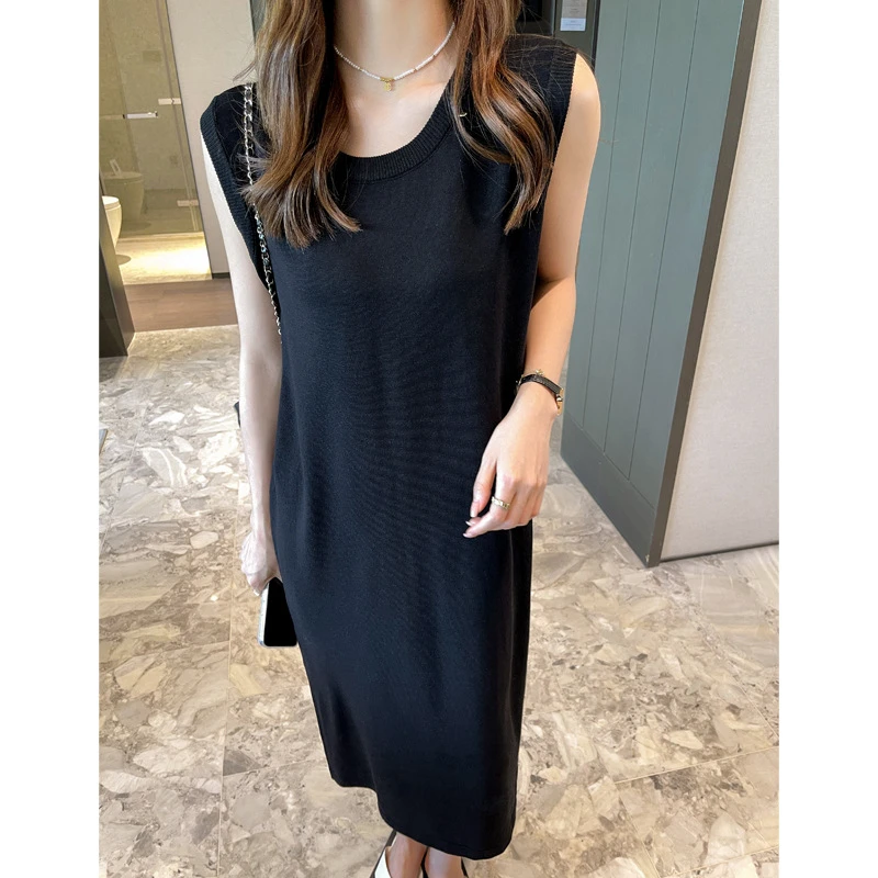 显瘦时尚纯色薄款夏季宽松无袖针织连衣裙大码内搭外穿打底日韩休