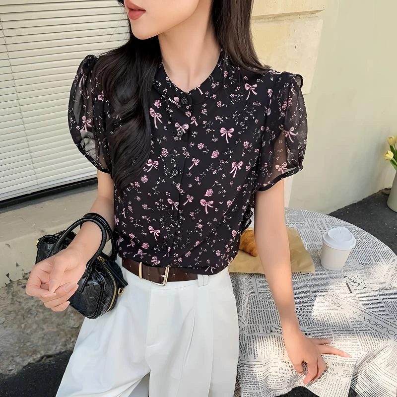 （浪漫蝴蝶结)夏季韩范碎花女衬衫气质显瘦减龄通勤印花女衬衣