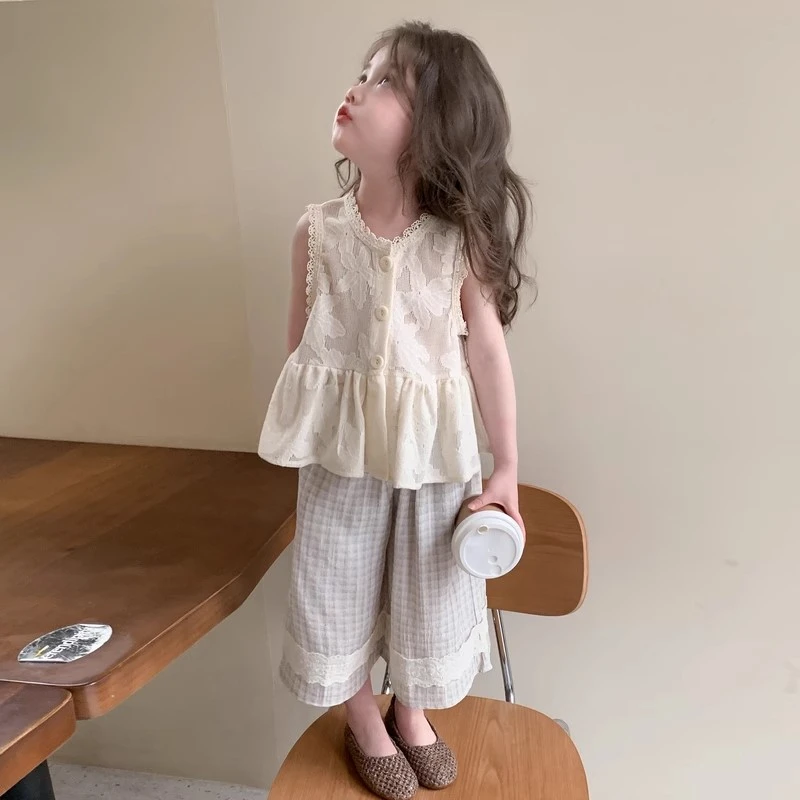 女童套装2025新款夏季纯色蕾丝女童夏装娃娃衫阔腿裤套装洋气甜美