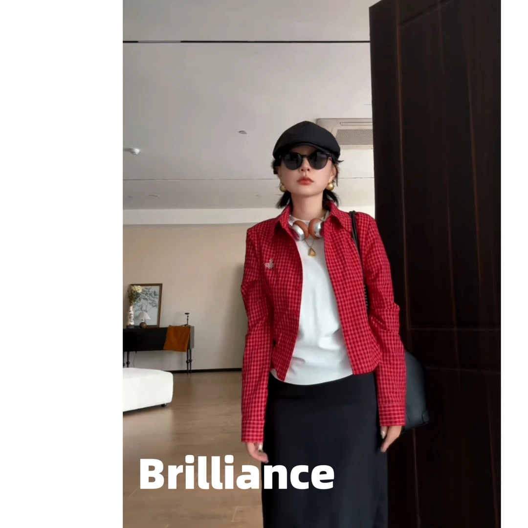 刺绣韩系复古红色格子气质长袖衬衫小众设计修身衬衣
