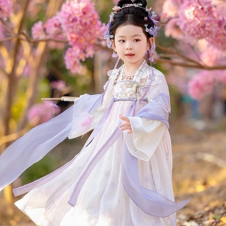 汉服女童春秋季2025新款古风连衣裙超仙襦裙小女孩紫色公主裙