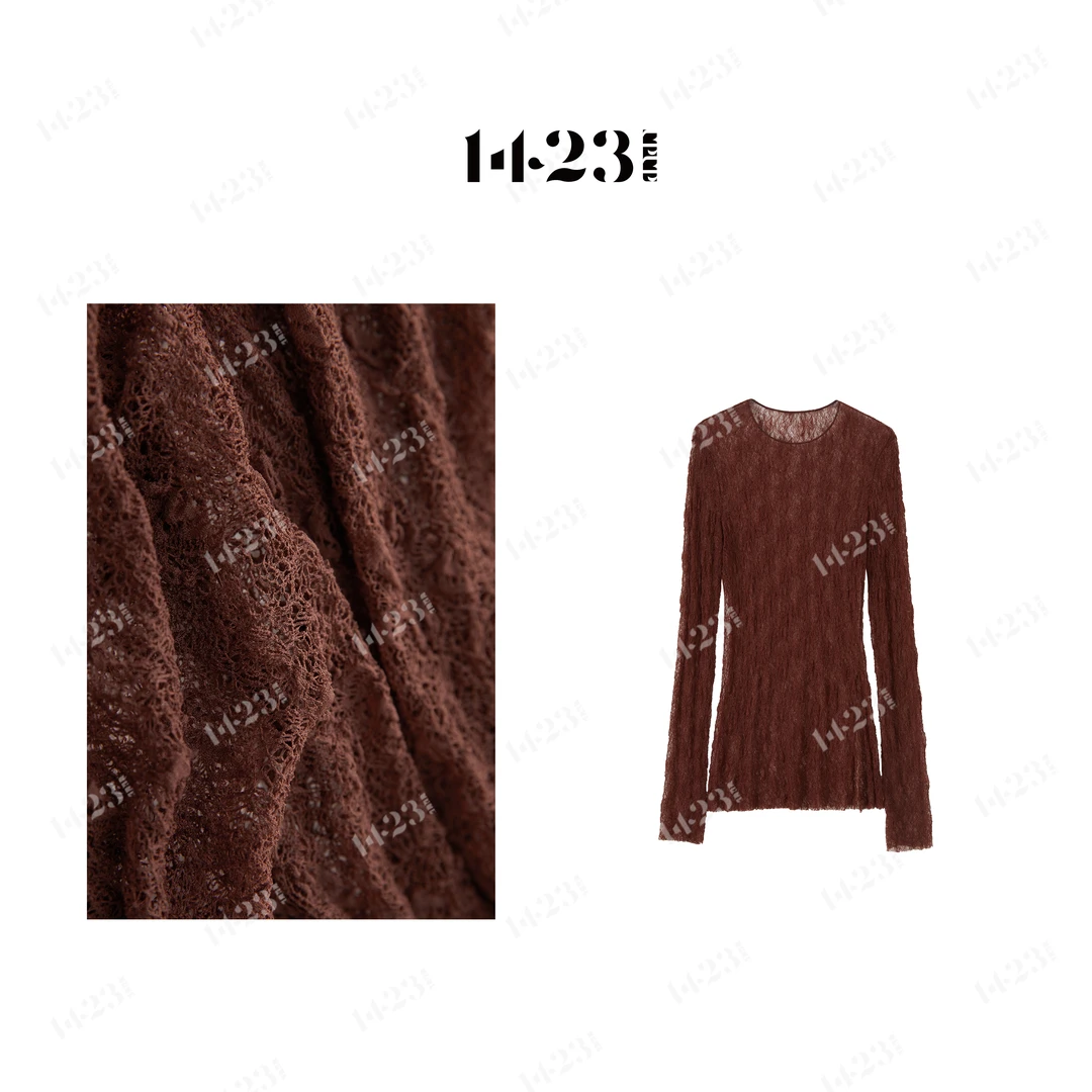 1423【焦糖蕾丝】红棕色复古氛围蕾丝花纹优雅质感拼接设计上衣
