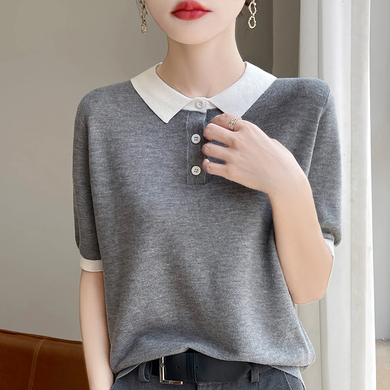 轻奢优雅！夏季薄款女士精仿羊毛翻领短袖T恤衫拼色上衣宽松显瘦