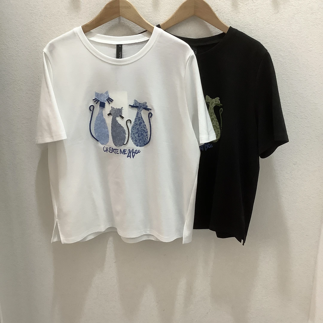 水淼春款2487小猫印花圆领短袖T恤时尚休闲短款百搭T恤衫279