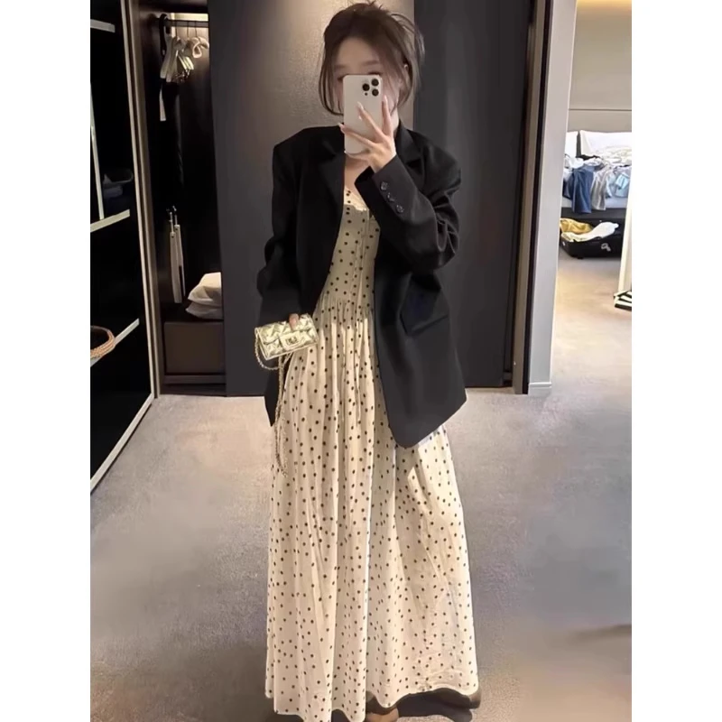 大码女装A字裙长裙吊带波点夏季V领连衣裙名媛裙子设计感女装