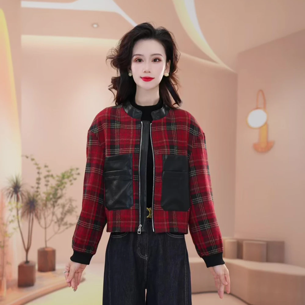 2025早秋新款时尚设计感气质减龄显瘦百搭休闲拼接格纹格子短外套