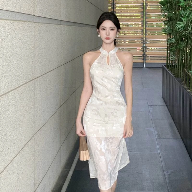 夏季改良旗袍少女印花高级感新中式日常复古收腰高开叉网纱连衣裙