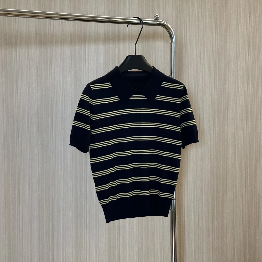 WMM藏蓝黄条纹polo针织短袖女士夏季百搭修身透气