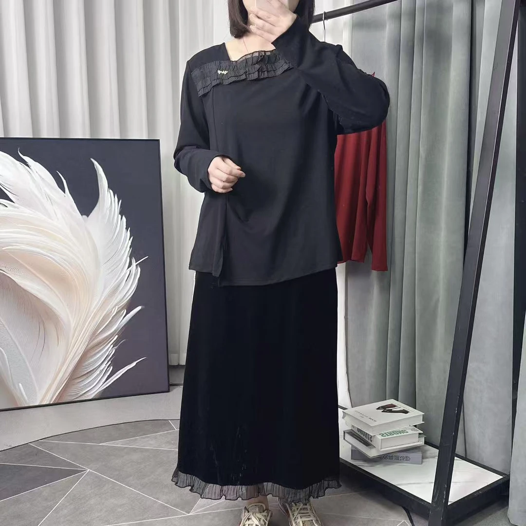 【米莱奇】26春季新款长袖女士黑色气质蕾丝衫百搭-6107