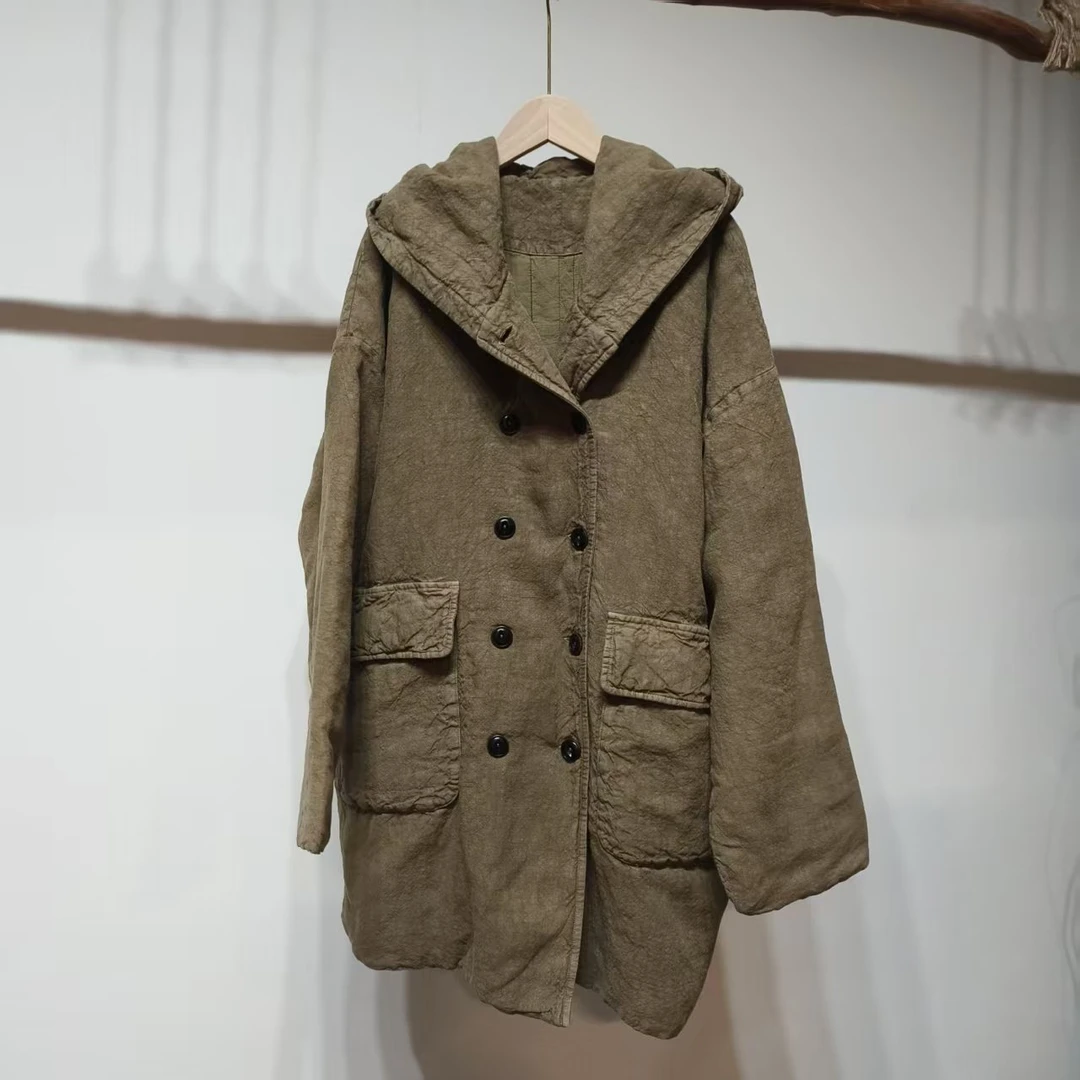 唐不染 冬阳棉服62539/亚麻文艺复古做旧外套秋冬宽松棉衣