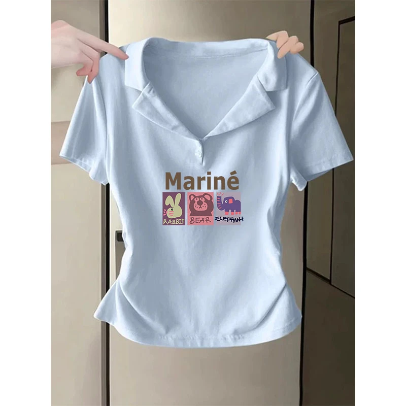 多巴胺穿搭奶蓝色Polo衫短袖t恤女夏季甜辣妹正肩修身上衣设计感