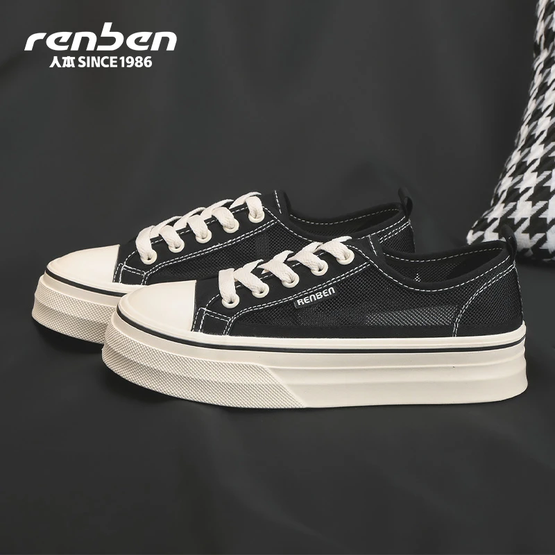 人本时尚个性学生厚底帆布鞋ins薄款黑色低帮平底韩版