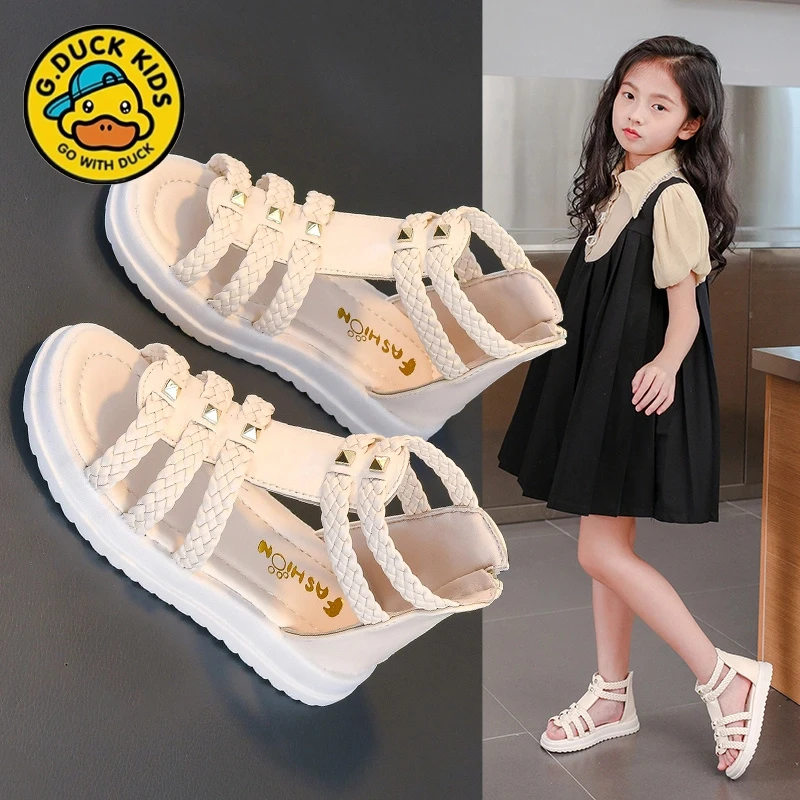 小黄鸭女童凉鞋2025夏季时尚儿童公主软底夏款防滑中大童罗马鞋
