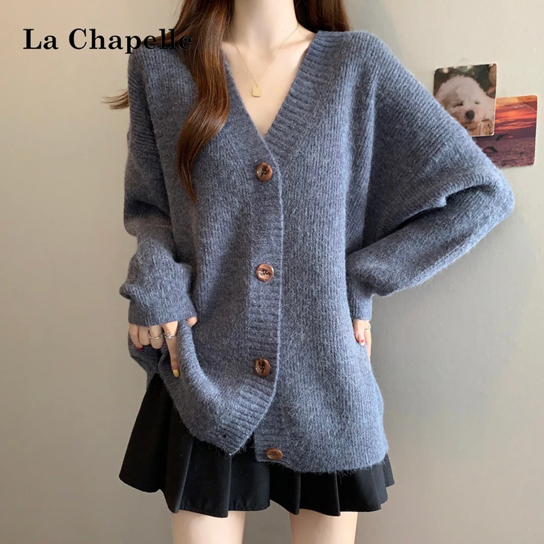 拉夏贝尔复古毛衣开衫女装大码微胖mm早春慵懒高级感V领针织外套