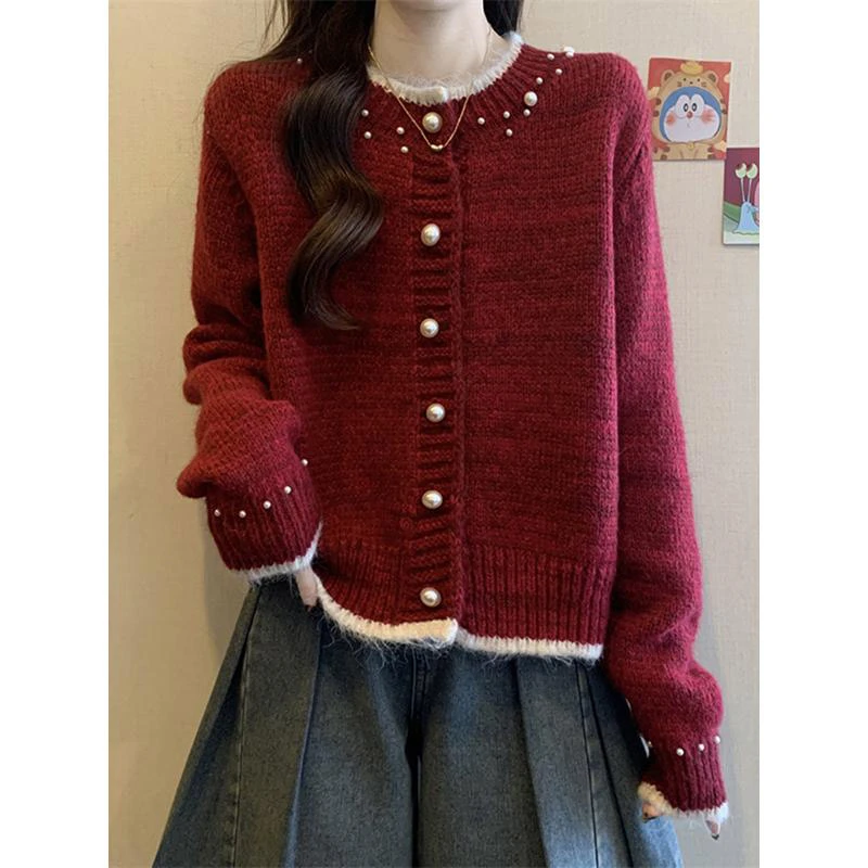 2025年春秋季时尚新款韩版撞色针织衫女小个子休闲百搭开衫上衣潮