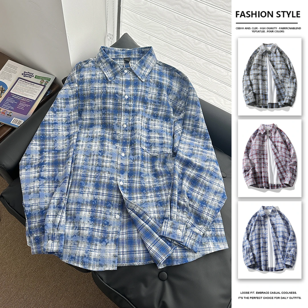 美式复古vintage扎染格子衬衫男装痞帅外套春秋格纹男款长袖衬衣