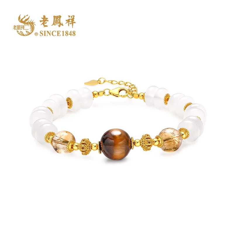 老鳯祥吉祥如意白色玉髓算盘珠手链 S925银虎眼水晶手串 S04835