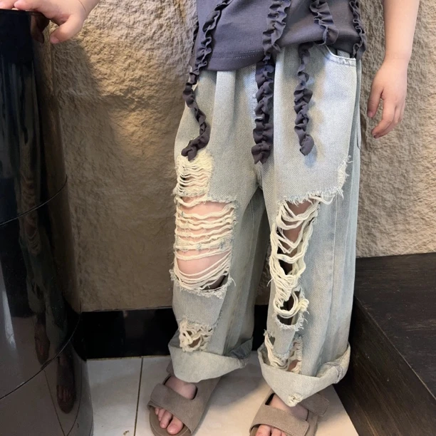 现货MZ.儿童夏季新款超软做旧复古破洞毛边直筒牛仔裤1629