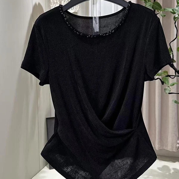 2025夏季新款女士黑色显瘦冰丝圆领短袖T恤气质独特收腰正肩上衣