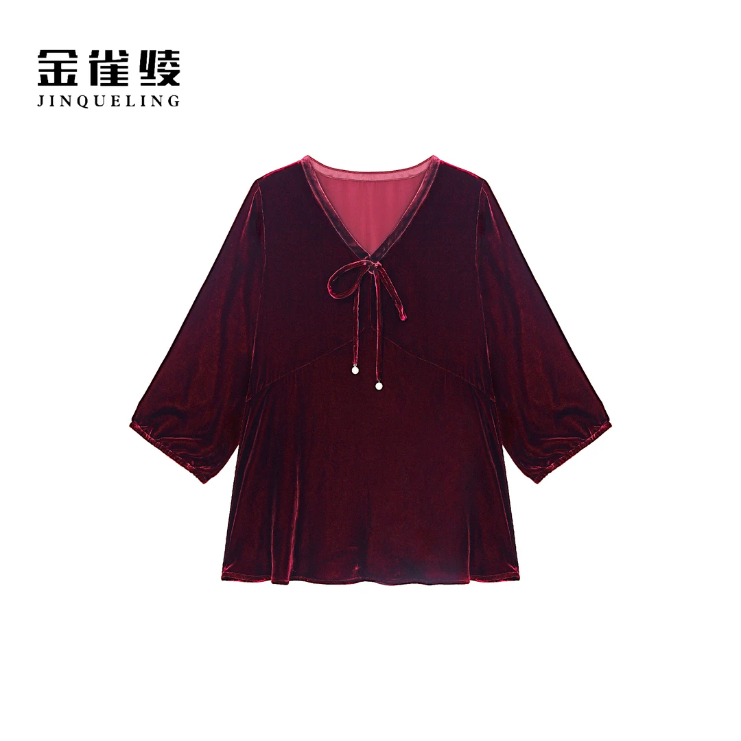 金雀绫【盛世遗红】100桑蚕丝丝绒显瘦气质加宽加大小衫SZA2SW502
