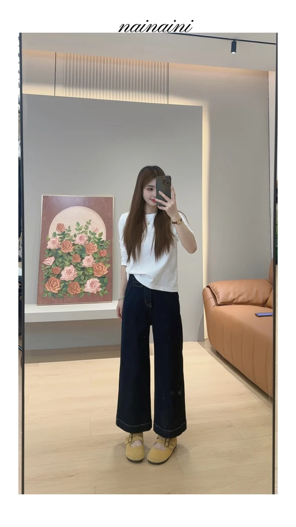 奈奈妮【蓝海湾秋】四面弹牛仔阔腿裤女2025新款秋季宽松显瘦99037