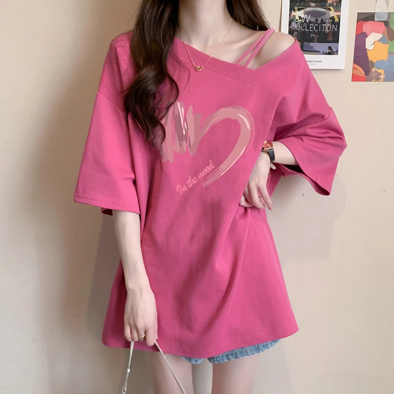 春夏季新款纯棉短袖T恤女韩版宽松百搭显瘦中长款设计感潮流上衣