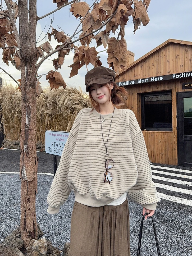 圆领套头无袖长袖慵懒风复古条纹卫衣女新款秋季宽松显瘦休闲上衣