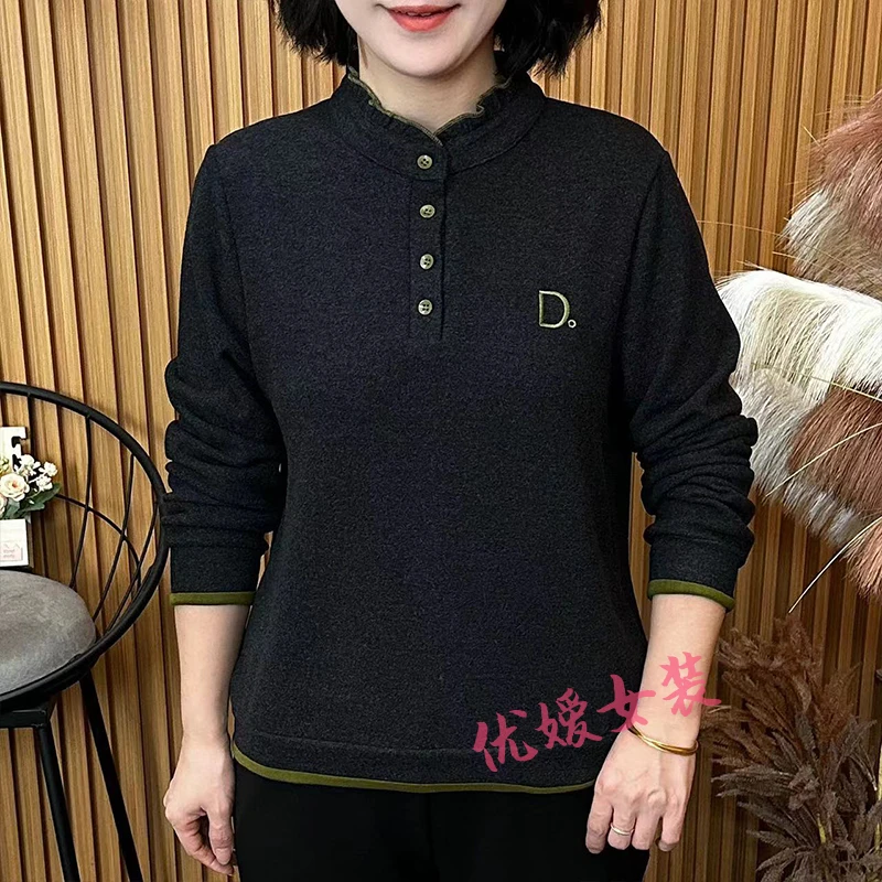 中老年女装秋冬双面绒木耳边立领保暖显瘦百搭洋气妈妈装长袖上衣