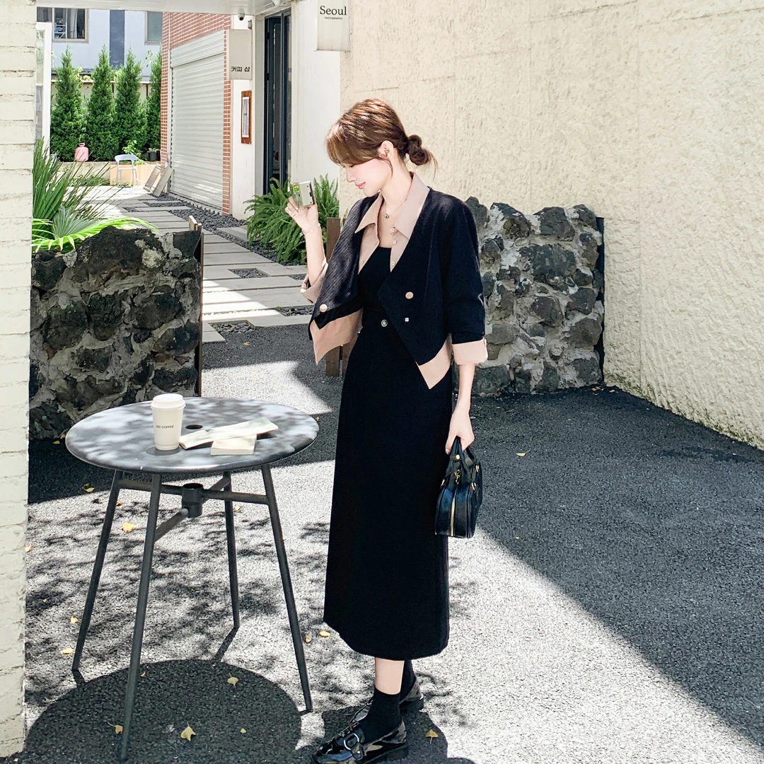 韩系高级感套装女2025秋季新款灯芯绒拼皮假两件上衣半身裙两件套